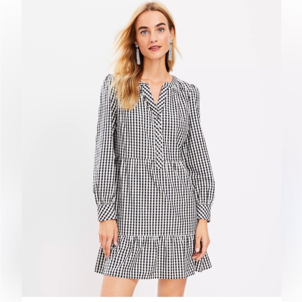 NWT LOFT Gingham Print Drop Waist Long Sleeve Dress